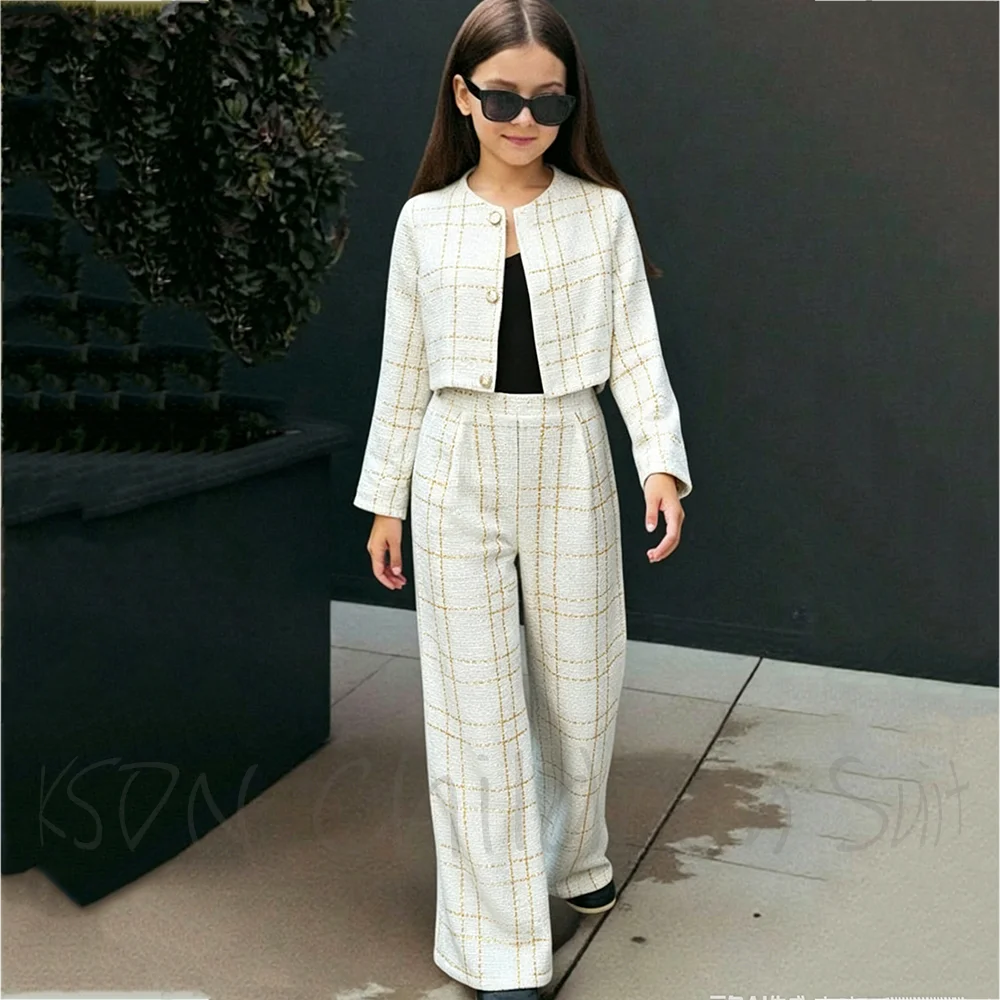 White Gold Plaid Tweed Girls 2 Piece Suit Round Neck Single Breasted Daily School Photograph Birthday Elegant Luxury Kids Outfit