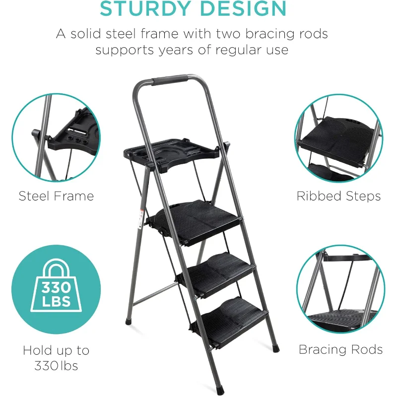 Best Choice Products 3-Step Ladder with Tool Tray, Portable Folding Wide Anti-Slip Step Stool, Hand Grip for Home and Office