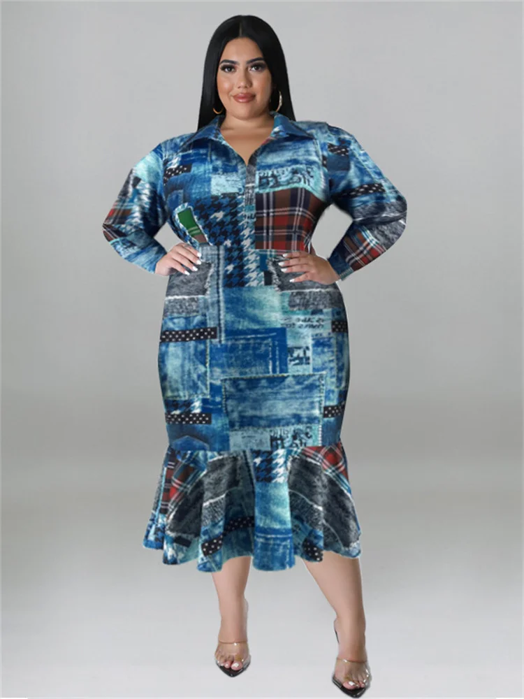 Wmstar Plus Size Dresses for Women Printed Tie Dye Fashion Long Sleeve Shirts New In Fall Maxi Dress Wholesale Dropshipping