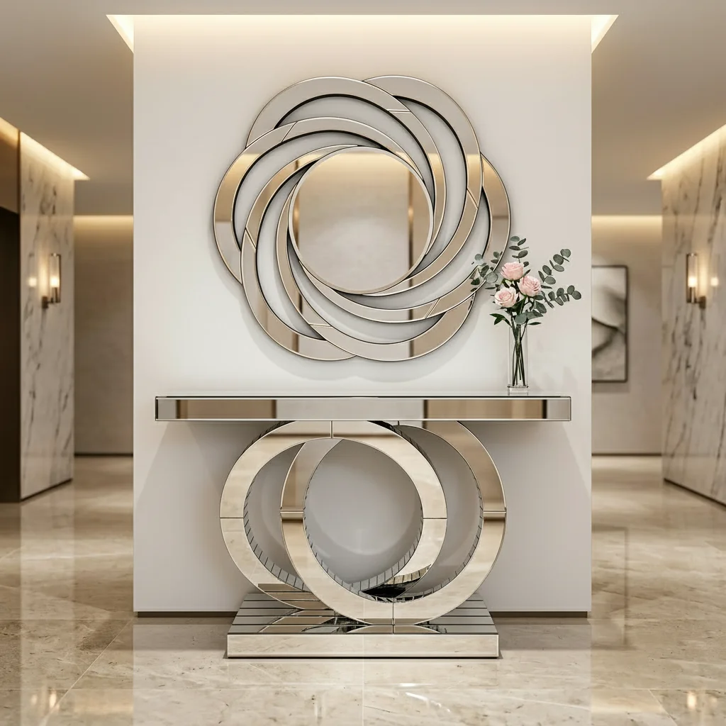Modern Luxury Silver Glass Round Base Mirrored Console Table With Wall Mirror For Hallway Entrance