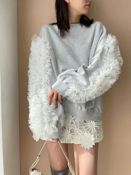 Japanese 2024 New Autumn Cute Sweet Tulle Stitching Women's Pullover Sweatshirt Round Neck Solid Color Casual Hoodie Tops