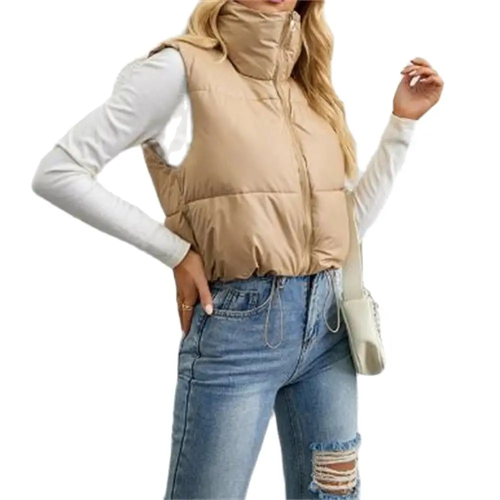 Women Fashion Adjustable Hem Zip-up Crop Padded Waistcoat Vintage High Neck Sleeveless Female Outerwear Chic Vest Tops