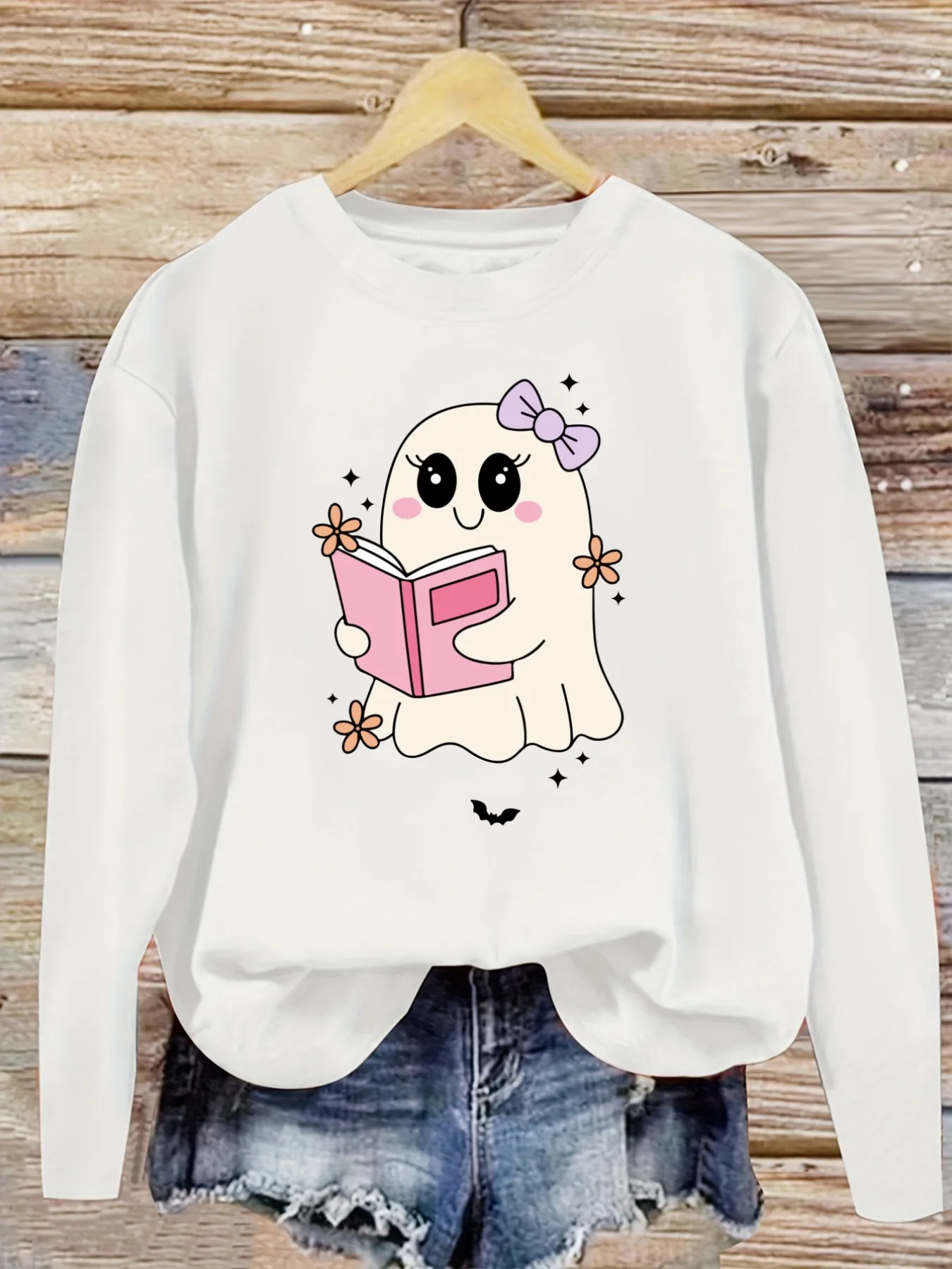 Women's Casual Long Sleeve Crew Neck T-Shirt Cute Ghost Reading Pink Book Design, Round Neck Women's Clothing, Machine Washable, Slightly Elastic, Loose Fit, Spring Autumn Winter Women's T-Shirt, Halloween Costume Outfit view 5