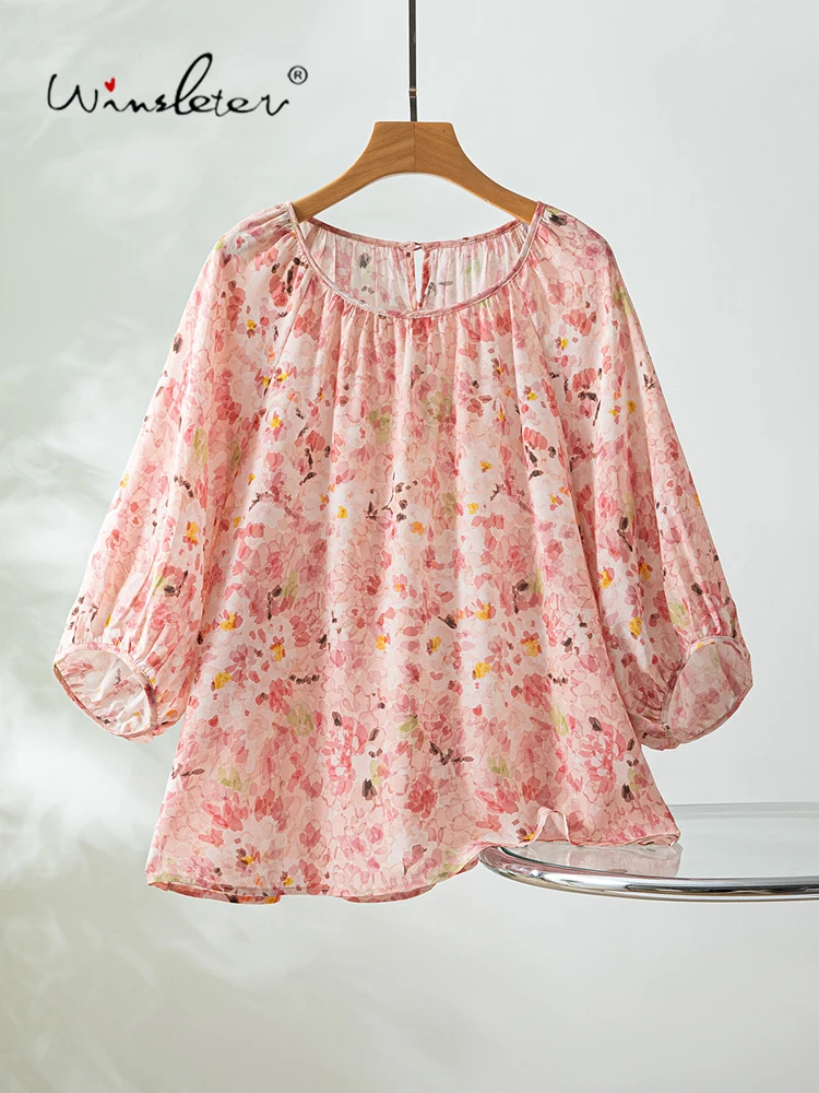 Winsleter-100%Real Silk Double Crepe Elegant T-Shirt, Lantern Sleeve Print, Women Age Reduction Loose Top, 2026 Summer T66934CC