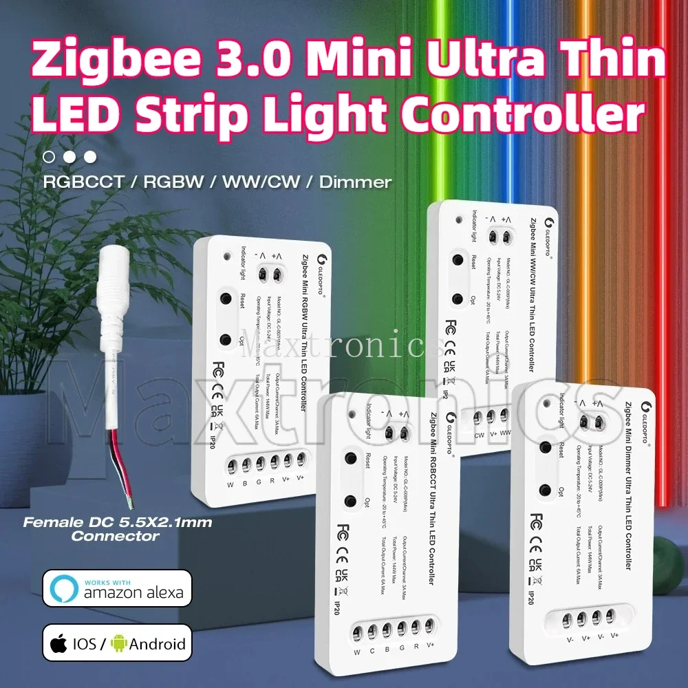 Gledopto Zigbee 3.0 Ultra Thin Mini LED Controller Alexa Voice APP Controller for Single Color/ RGBCCT/ WWCW/ LED Strip Lights