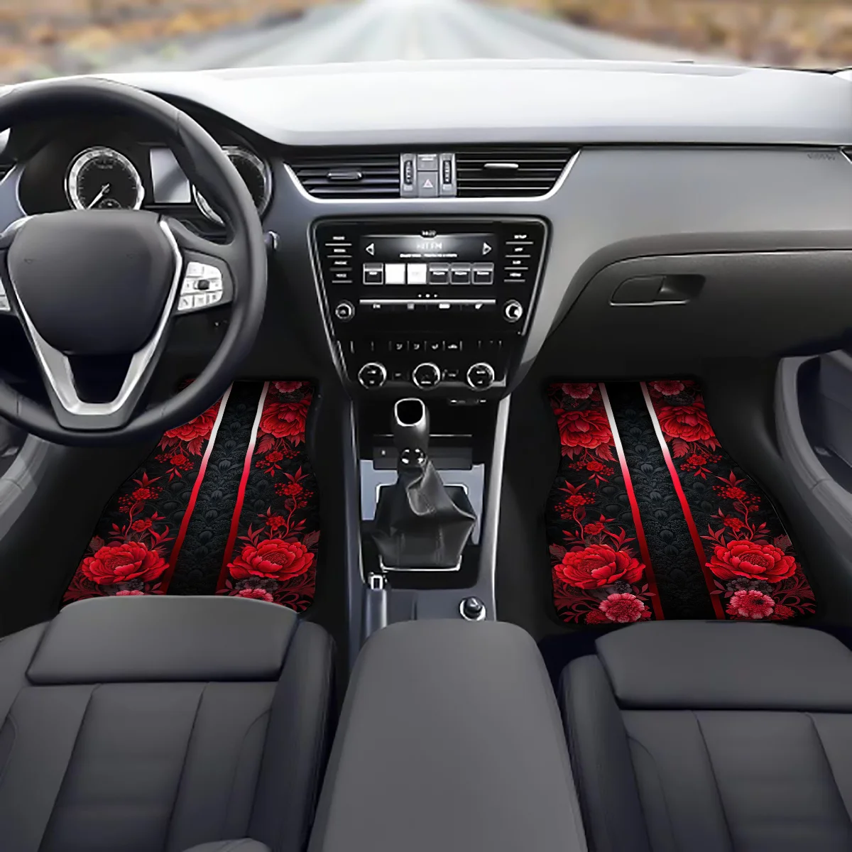 4pcs Suitable For All Models Red Flower Pattern Car Foot Mats Set Easy To Clean Car Interior Accessories Perfect Birthday Christ