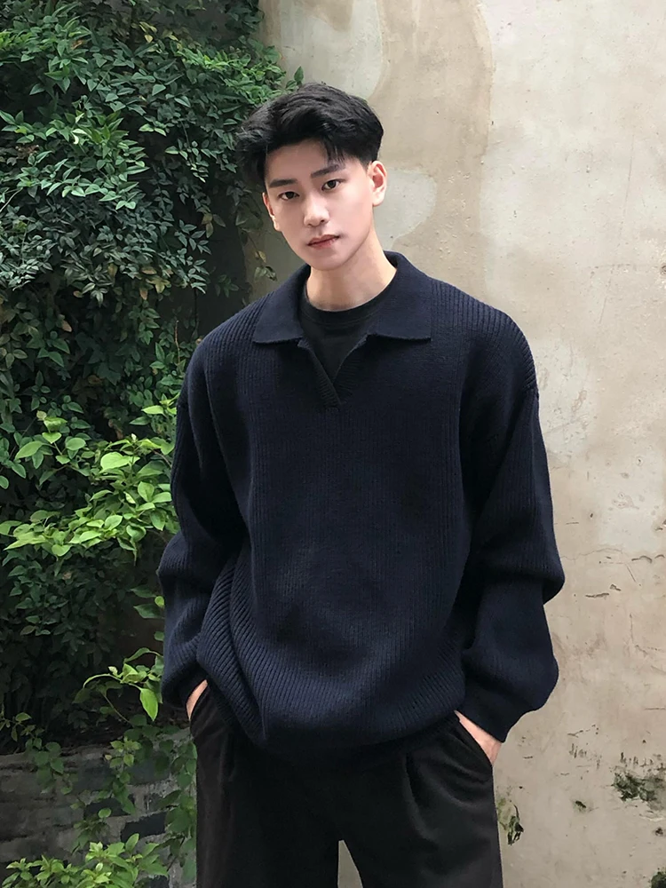 

Мужской вязаный свитер в американском ретро-стиле с воротником, длинными рукавами, осенний, свободного кроя, повседневный, молодежный, деловой, на каждый день