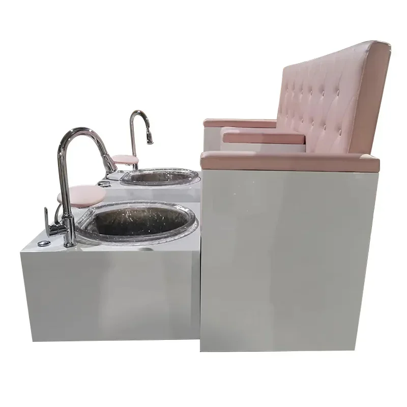 Customized double pink pedicure chair with two basins and shower for couples with storage compartment in the middle