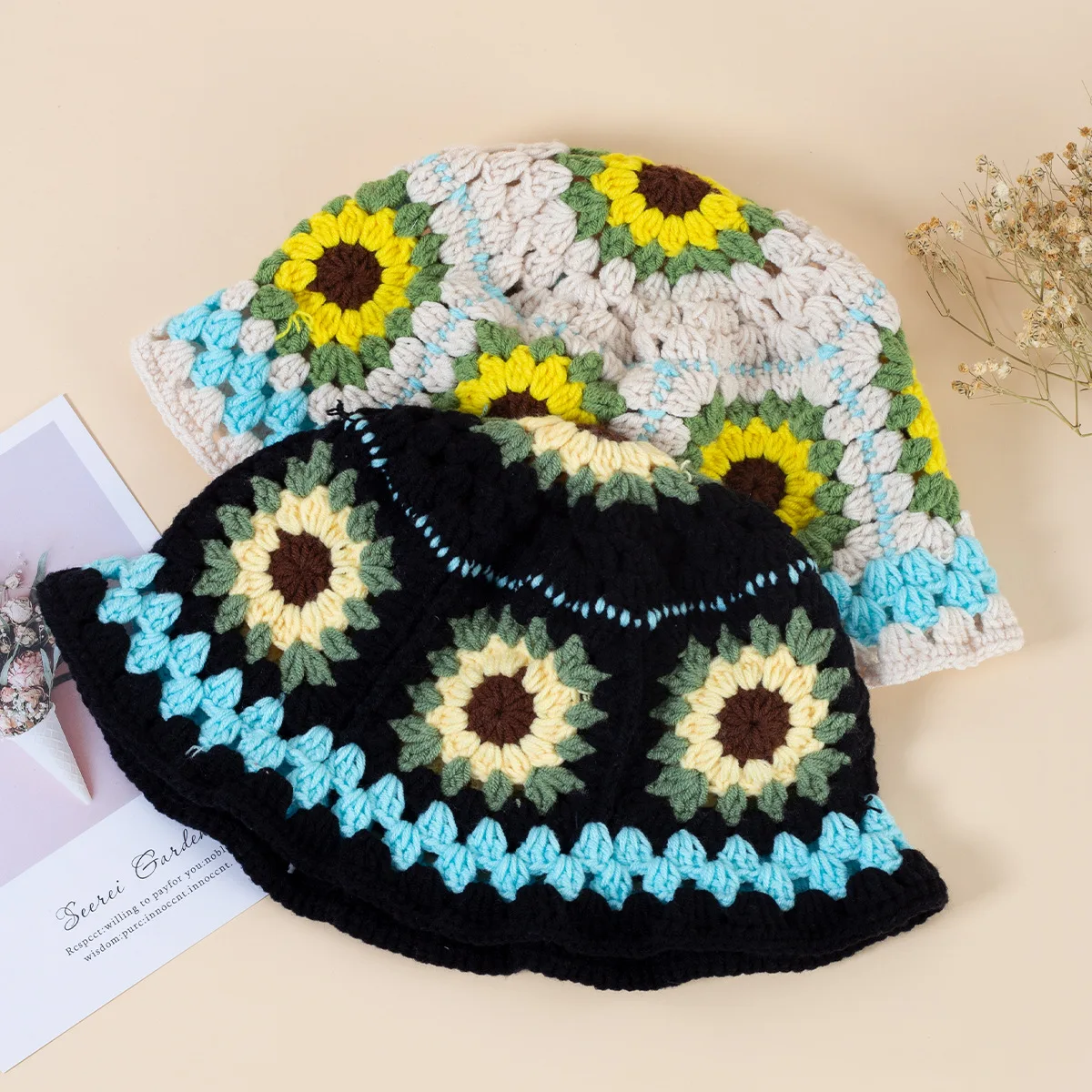 

Hollowed Out Crochet Knitted Bucket Hats Flower Handmade Basin Hat for Women Japanese Retro Autumn Winter Sweet Trendy Cap Y2K