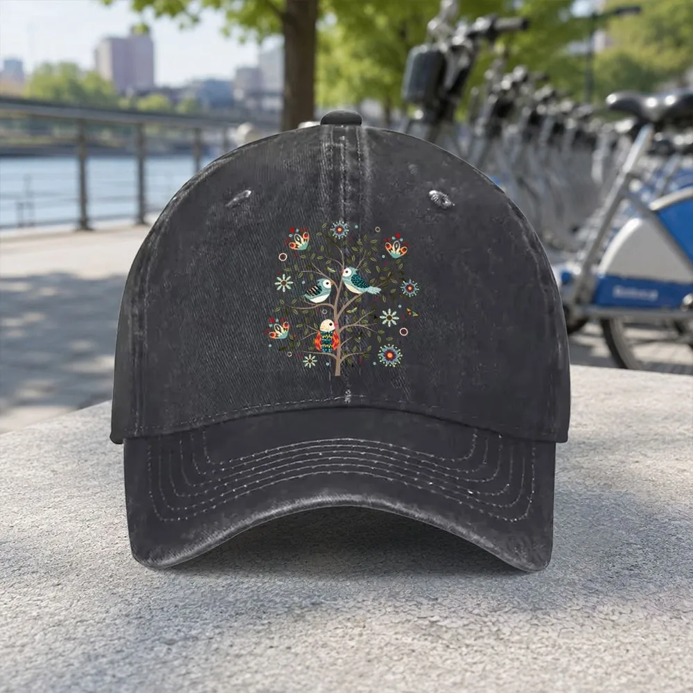 Cartoon Little Bird Flower Tree Washed Baseball Cap Female Cowboy Sun Hats Hip Hop Mens Snapback Cap