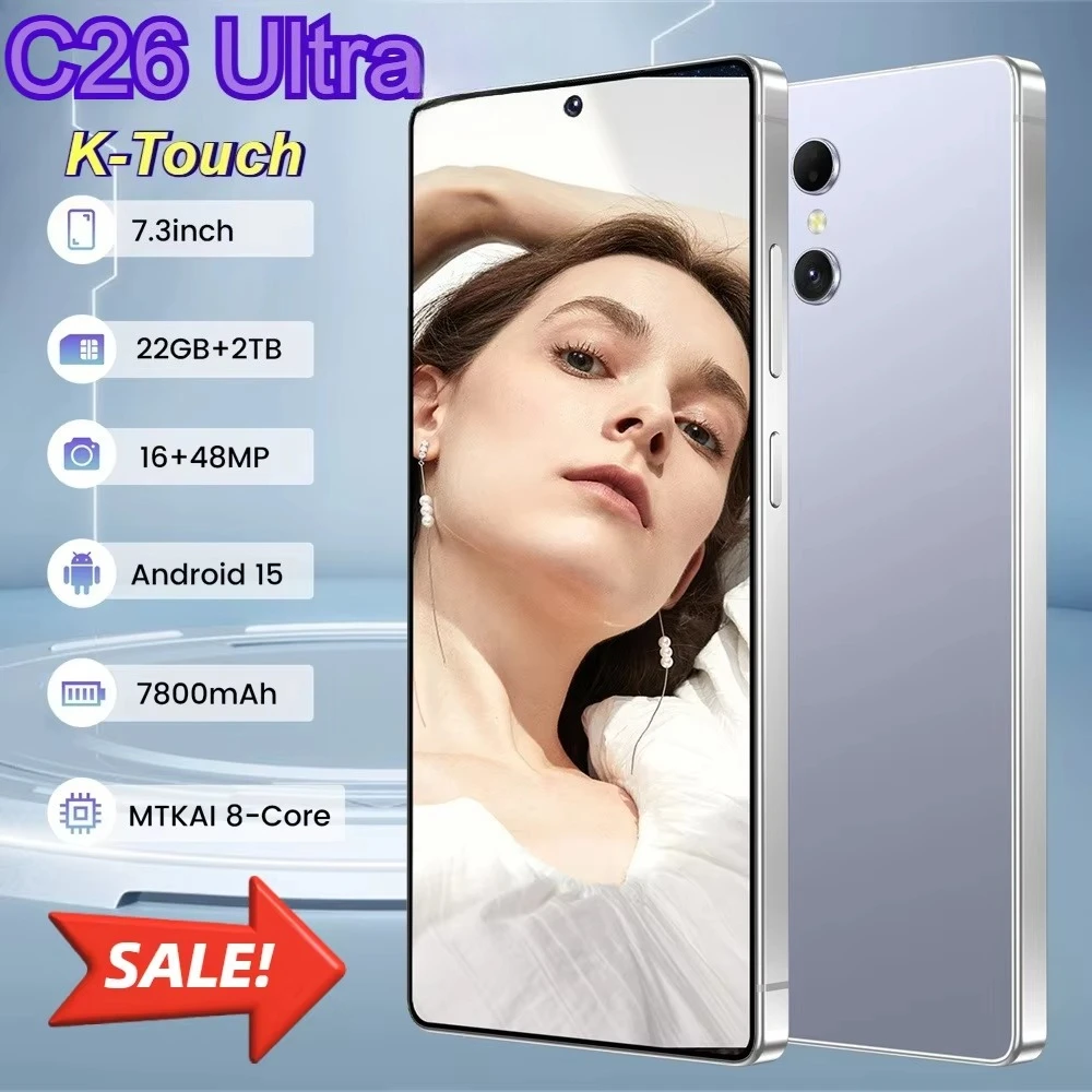 K-Touch Handy für C26 Ultra Smartphone Android 5G 7,3 Zoll HD Vollanzeige Mobiltelefone 22GB RAM 2TB ROM 7800mAh Akku 48MP Kamera Gesichtserkennung Dual-SIM Entsperrt Android 15 Smartphone 5G Handy