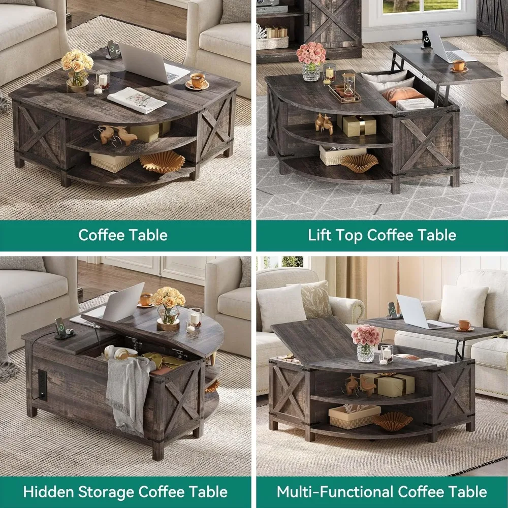 طاولة قهوة قابلة للرفع مع مساحة تخزين، طاولة مركزية معالجة بالخشب مع محطة شحن ومنفذ USB، طاولة غرفة معيشة كبيرة