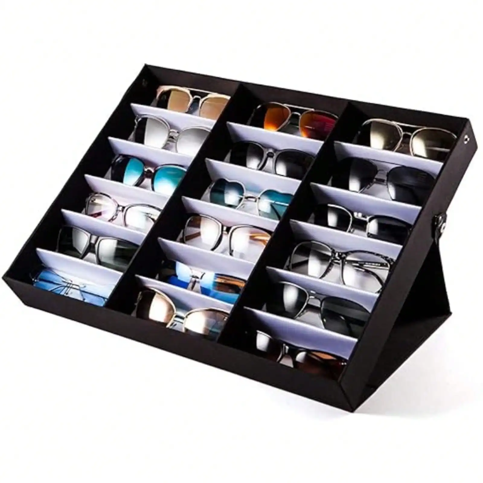 18 Slot Sunglasses Organizer Box Modern Black Eyewear Storage Display Case Tray Faux Leather Fabric Lined Foldable Snap Lid Stand Dustproof Holder Unit For Dresser Closet Retail Store Countertop Fathers Day Gift