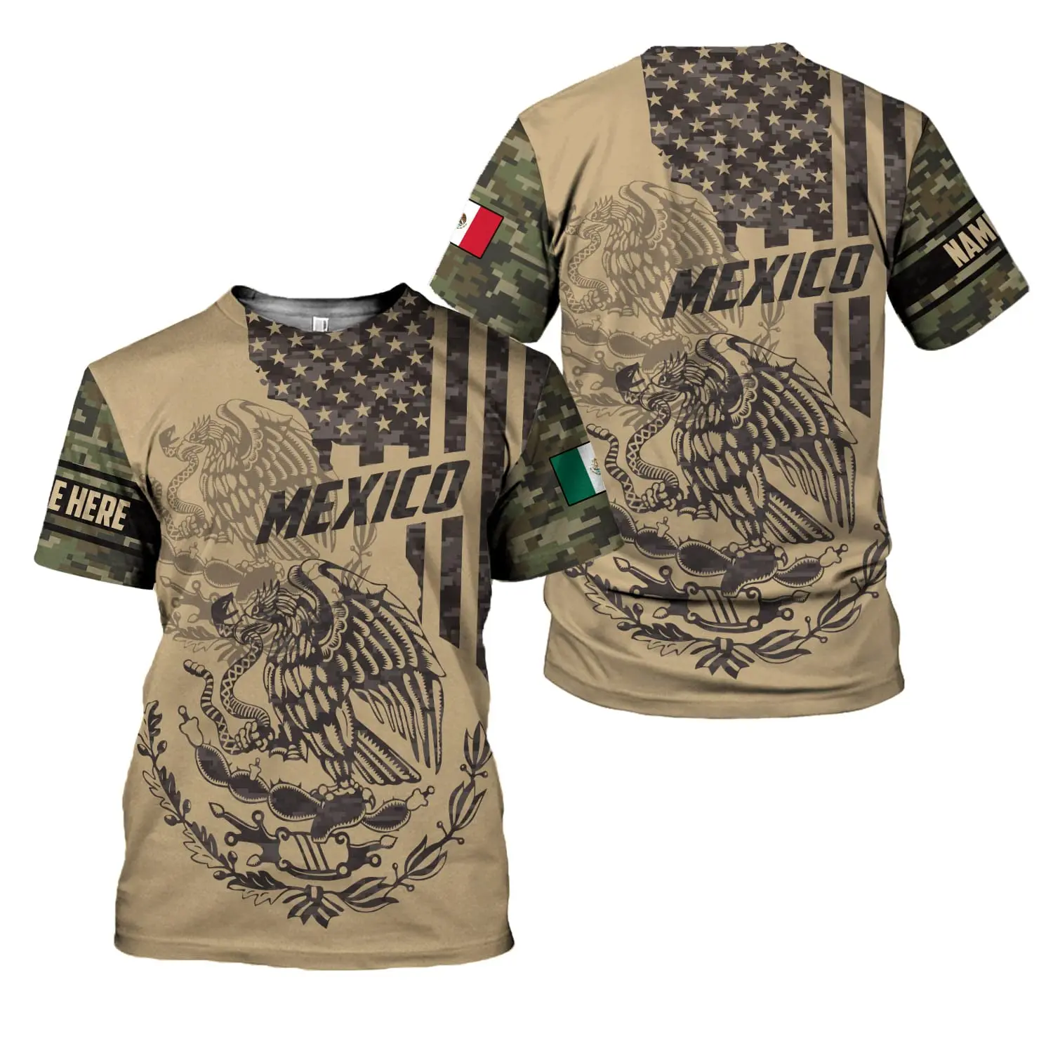 Customized Men's Name Mexican Eagle Badge Camouflage 3D Full Print T-shirt Men's Patriotic Mexican Short Sleeve Casual T-shirt