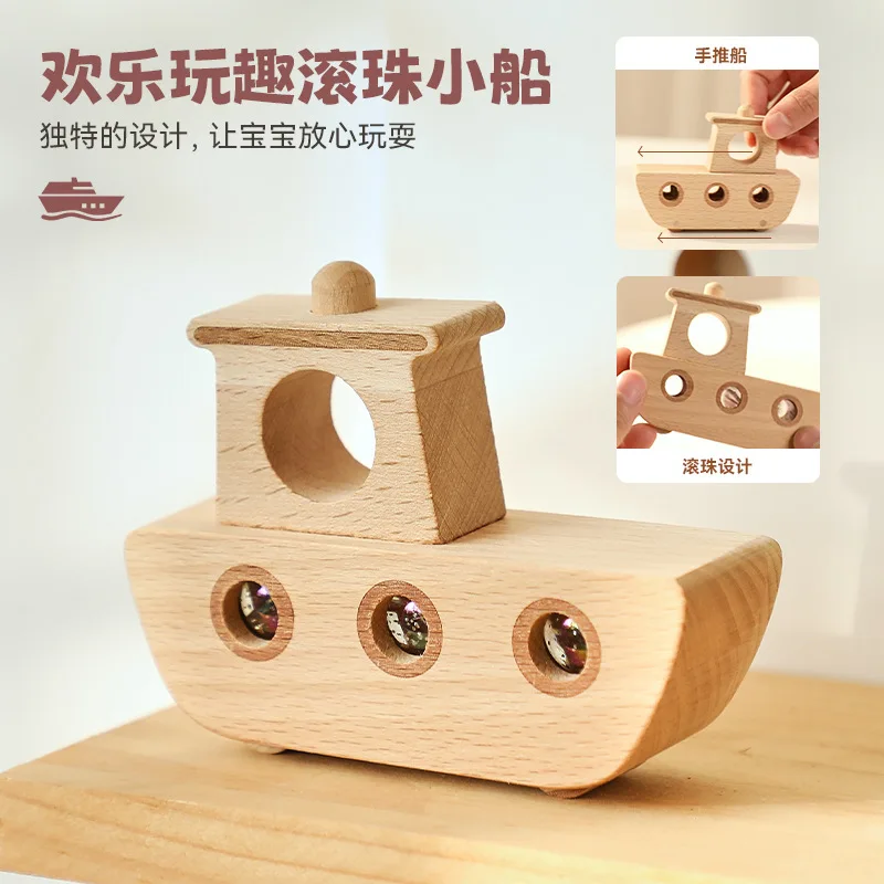 

Beech Wood Rolling Bead Boat & Pull Along Bear Car Baby Rattle Toy Infant Auditory Concentration Sensory Training Wooden Toy