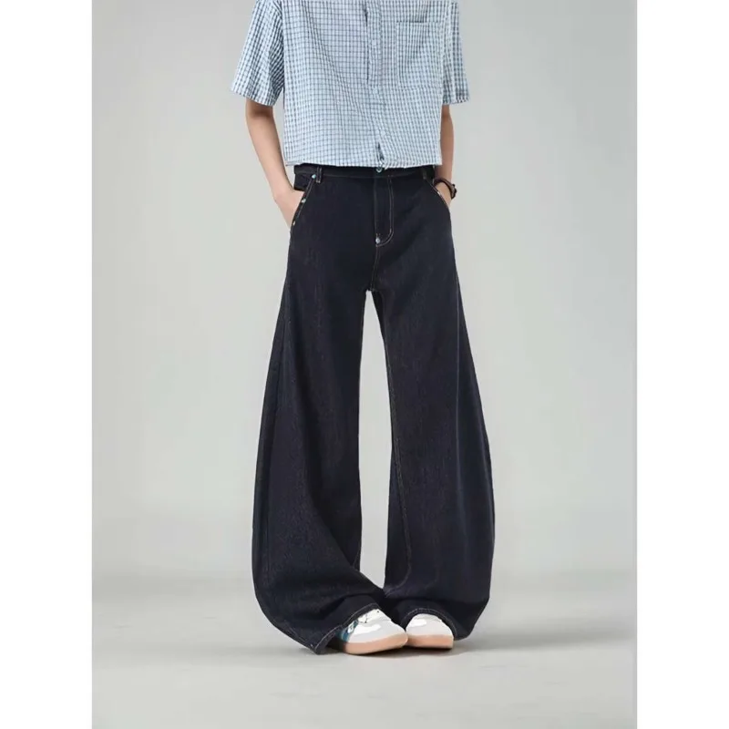 Simple Men's Jeans Solid Color Beading Caual Silhouette Curved Knife Pants Wide Leg Loose Male Denim Trousers Niche