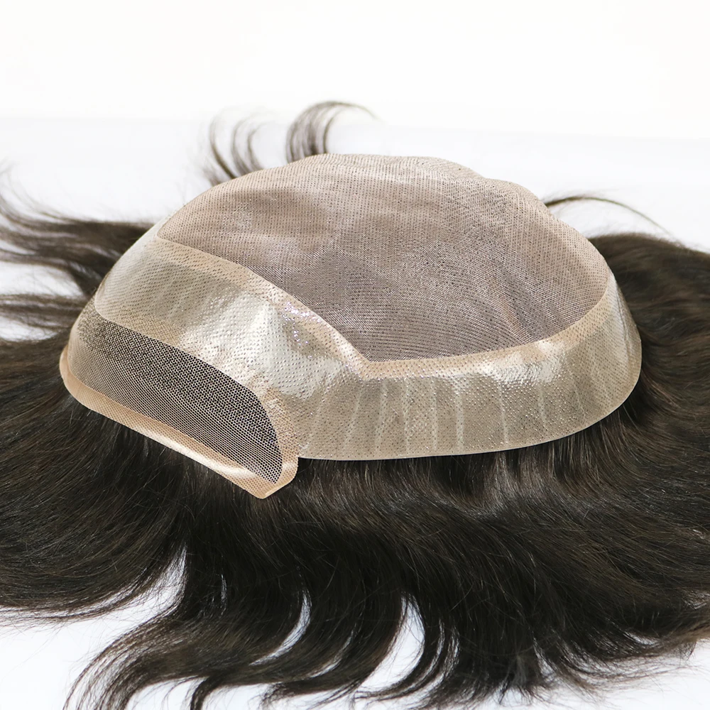 Peruca de cabelo humano reta para homens, base de renda mono, PU em torno do laço frontal capilar, prótese preta natural