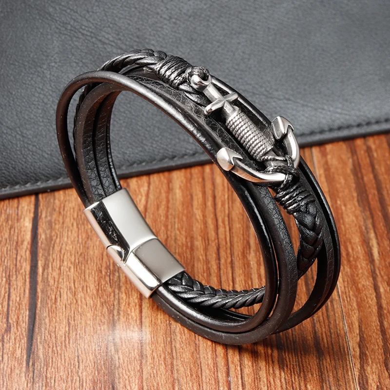 Fashion Multi-layer Blue Leather Stainless Steel Anchor Metal Luxury Men's Leather Punk Bracelet Accessories for New Year's Gift