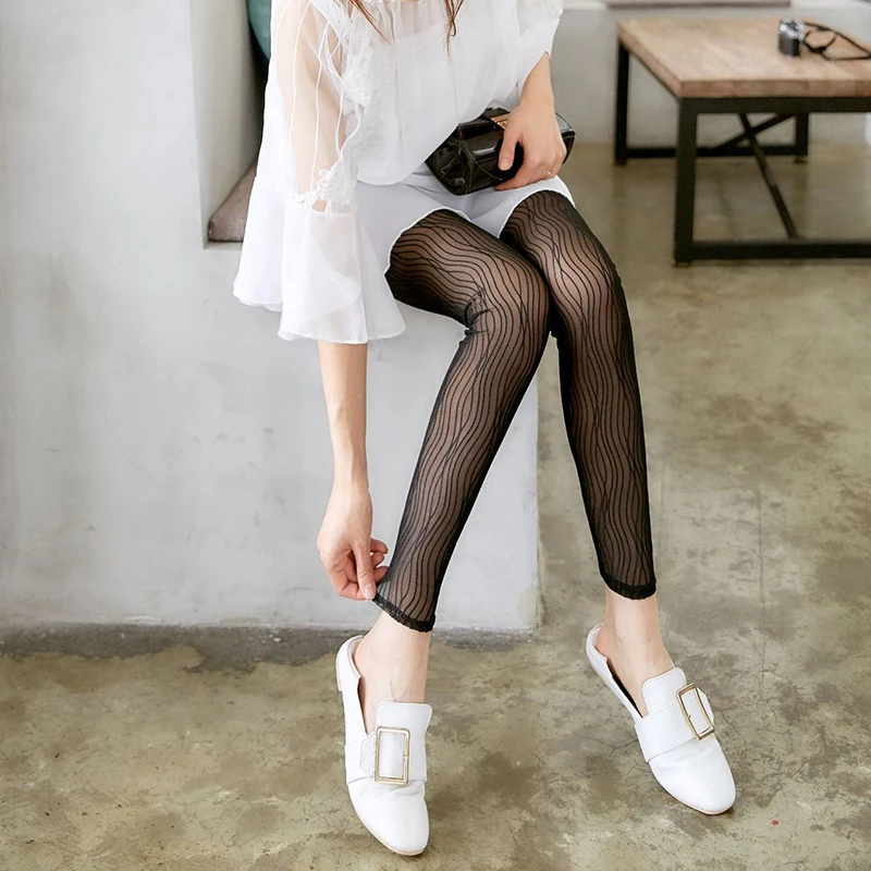 Sexy Lace Mesh Women Leggings Korean Fashion Slim See Throught Striped Cropped Pants Strentchy Spring Summer Thin Lady Leggings