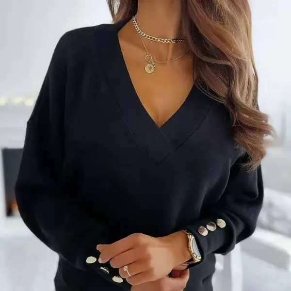 Immagine 3: Maglione con Scollo a V e Bottoni Frontali, Vestibilità Ampia, Stile Chic da Pendolante, Pullover Primaverile di Peso Medio con Dettaglio a Bottone Singolo per Donna