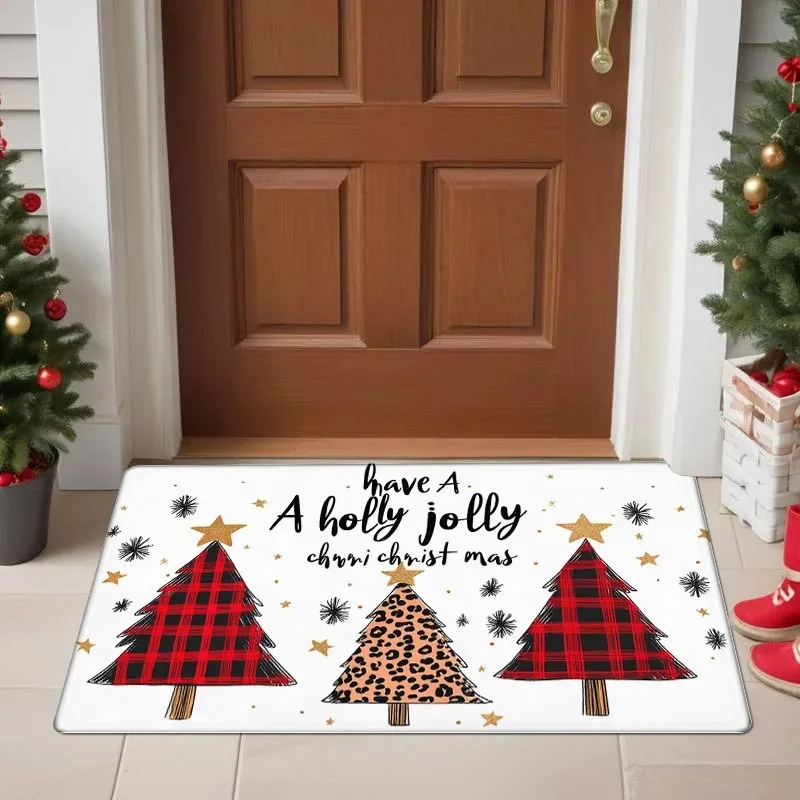 1pc Festive Christmas Joy Door Mat - Non-Slip, Machine Washable, Polyester Flannel Mat with Snowflake & Christmas Tree Print for