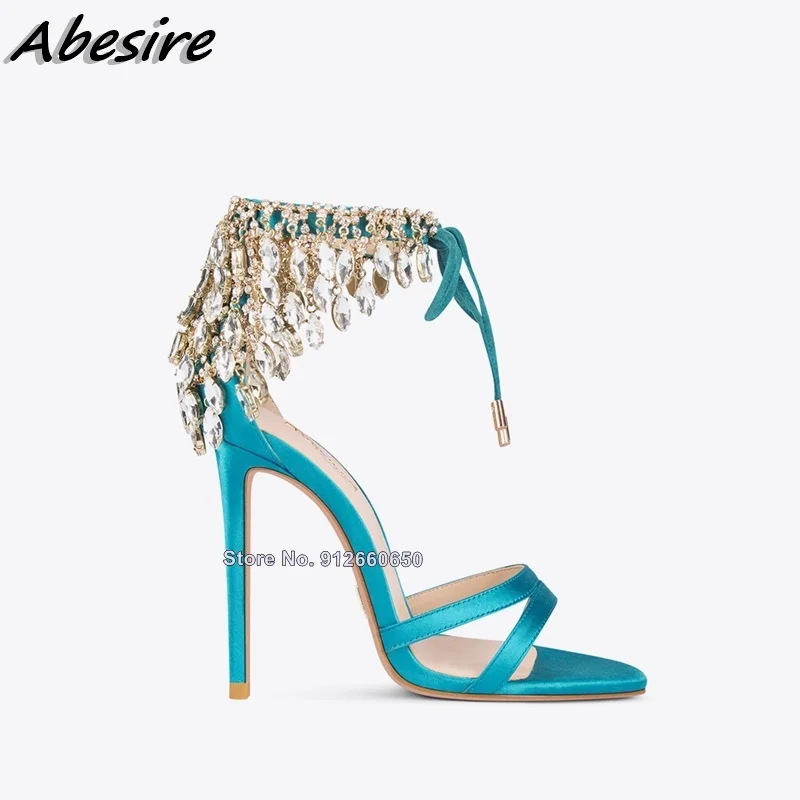 

Solid Blue Crystal Sandals Lace Up Thin High Heels Rhinestone Sandals Woman Black Summer Fashion Sexy Stilettos Shoes On Heels