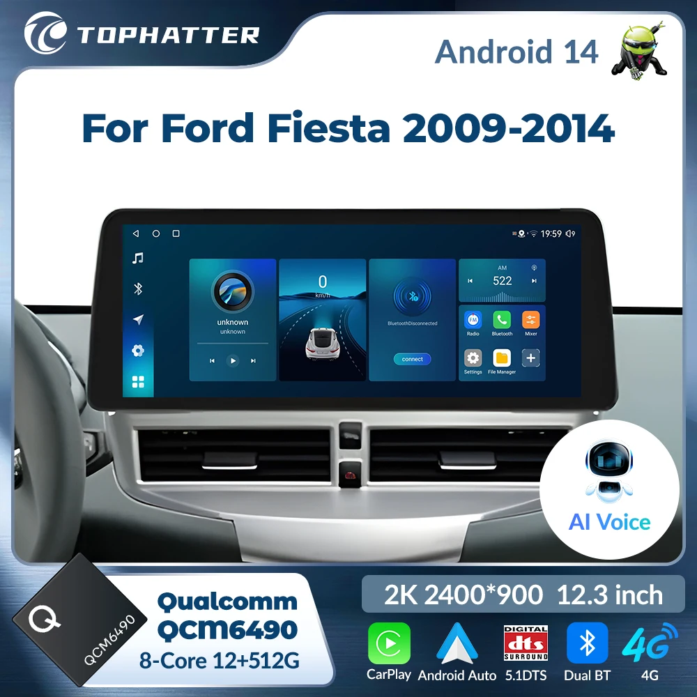 

12,3-дюймовый автомобильный радиоприемник для Ford Fiesta MK6 MK7 2009-2016, Qualcomm 6490, Android 15, мультимедийный видеоплеер, GPS, CarPlay, 2K, головное устройство