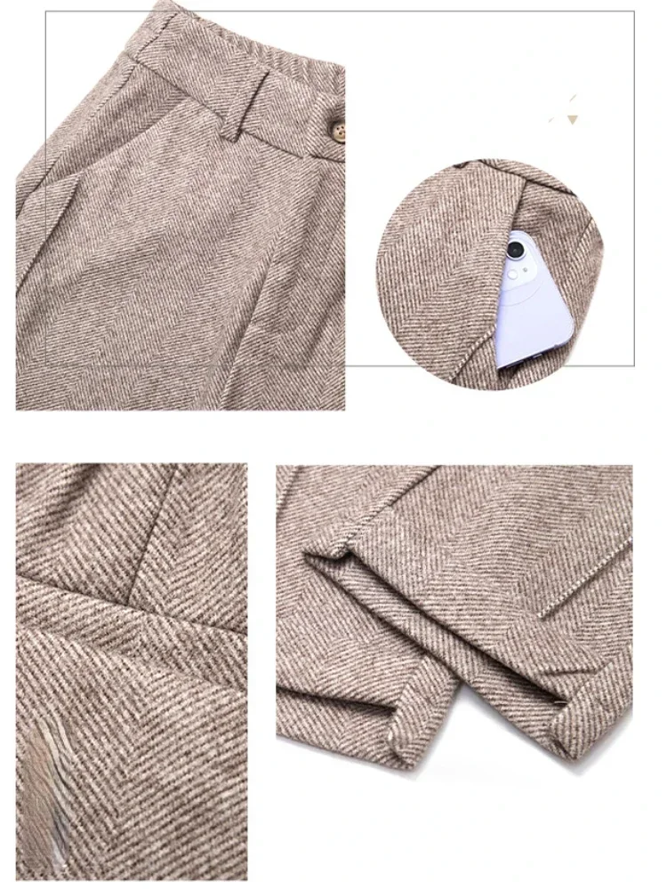 Nuevos pantalones de lana de invierno para mujer, pantalones Harem de cintura alta elásticos cálidos gruesos en espiga, pantalones holgados de moda negros hasta el tobillo