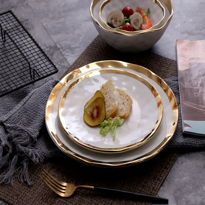 

European-style ceramic gold-plated western steak plate creative dish plate round fruit flat salad plate household tableware