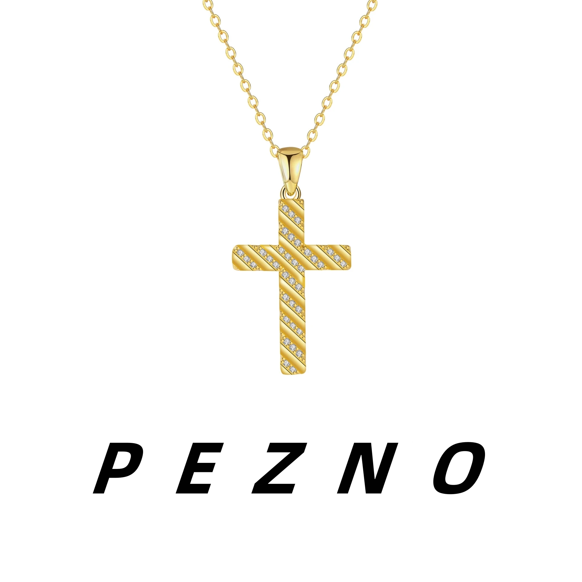 Gold Tone Diagonal Stripe Pave CZ Cross Pendant Necklace Dainty Clavicle Chain Faith Jewelry Gift for Women
