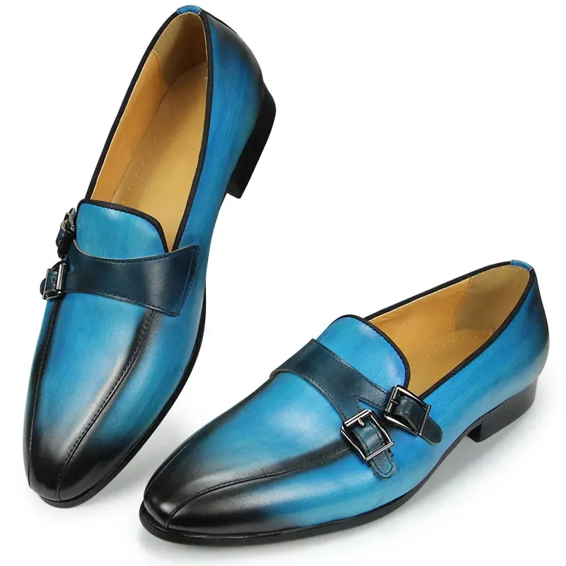 2021 Spring/Autumn Mens Dress Shoes Double Monk Strap Casual Classic Gentleman Business Fashion Office Slip-on Sky Blue Black 46