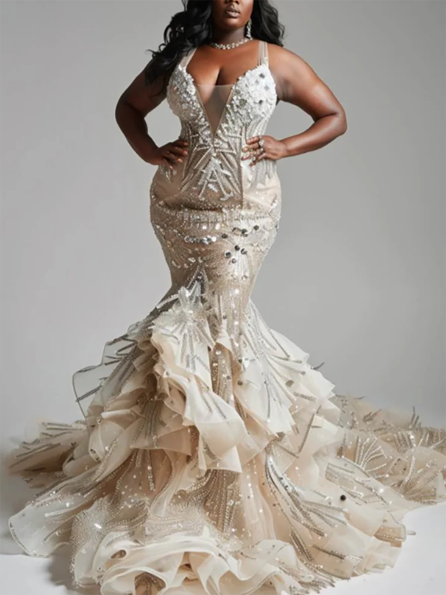 Luxury V-Neck Beading Sleeveless Pleat Mermaid Bride Wedding Dresses Bridal Gowns Customized