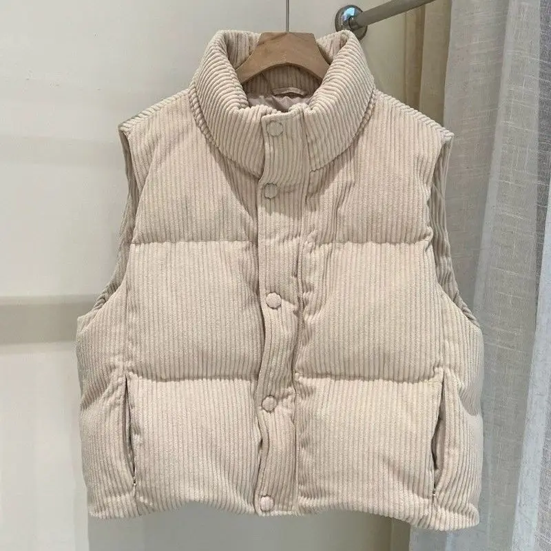 Corduroy Cotton Vest for Women 2026 Winter New Standing Collar Short Waistcoat Chic Thick Warm Sleeveless Velvet Jacket