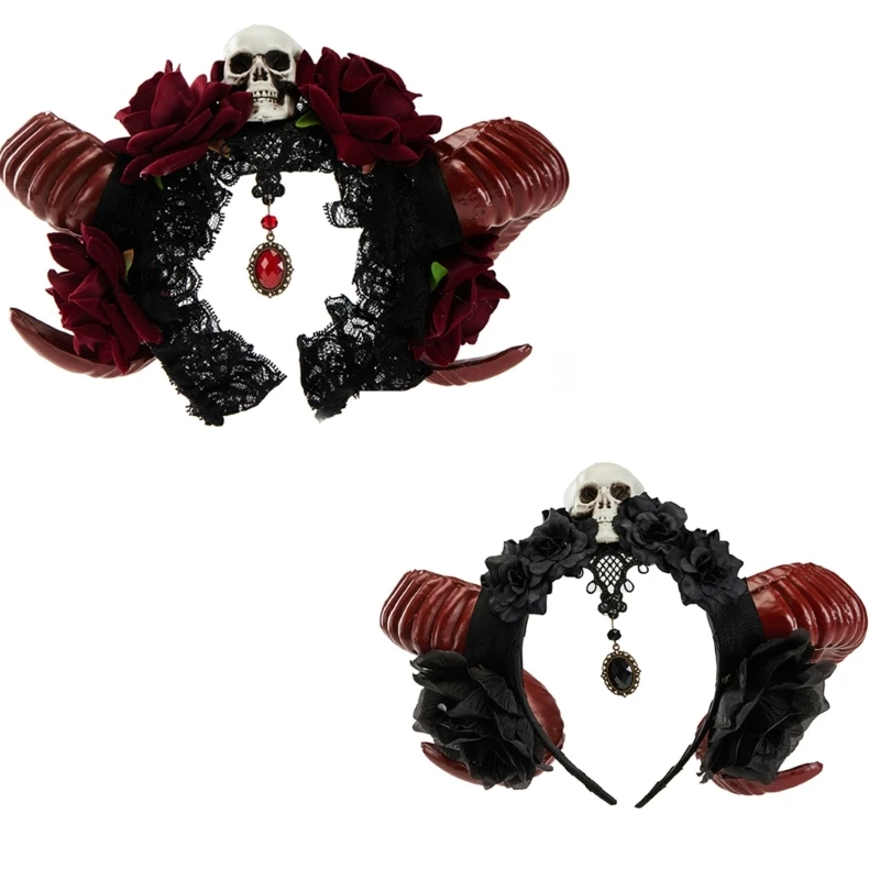 

Skull Horn Handmade Animal Gothic Headbands Dark Lace Hair Hoop for Live Shows