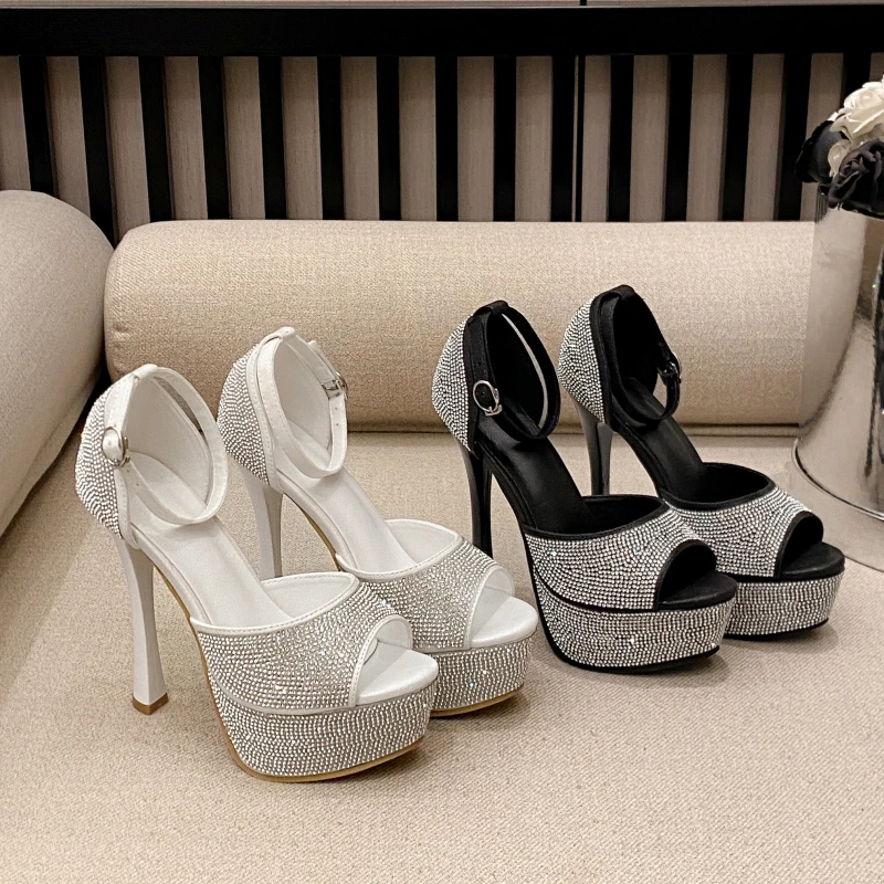 

Fashionable New Rhinestone Strappy Sexy High-heeled Waterproof Platform Sandals, 14cm Peep-toe Style.