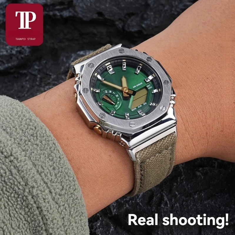 Para Casio GM-2100 GM2100 GA-2100 GA2100 deporte Nylon parte inferior de cuero modificado correa de reloj hombres pulsera negro azul verde