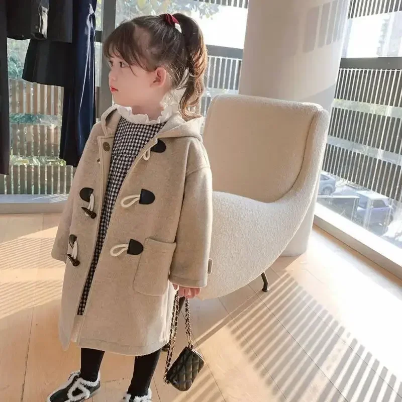 Girls Wool Coat Jacket Outerwear 2023 Khaki Warm Thicken Plus Velvet Winter Autumn Cotton School Teenagers Children\'s Clothing