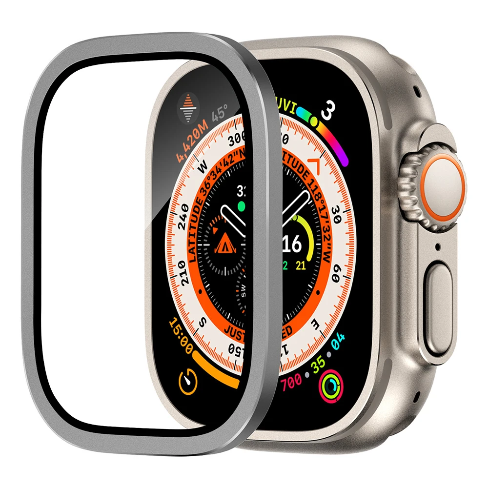 Gehärtetes Glas für Apple Watch Ultra 3 2 49 mm Displayschutzfolie, kratzfest, HD-Vollfolie, Metall-Stoßfänger, iWatch 49 mm Zubehör