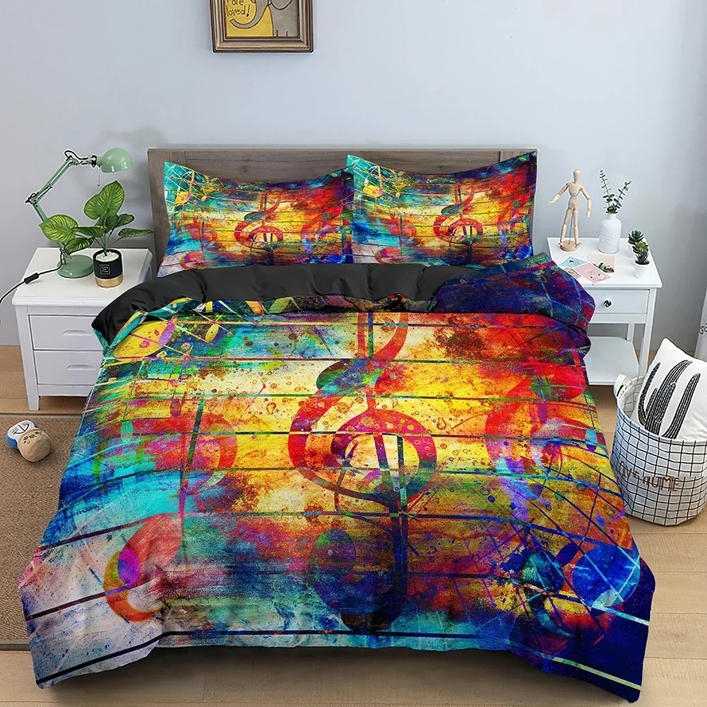 Musical Note Bedding Set 2/3pcs Music Theme Quilt Cover King/Queen Size with Pillowcase Fashionable Psychedelic Soft Duvet Cover