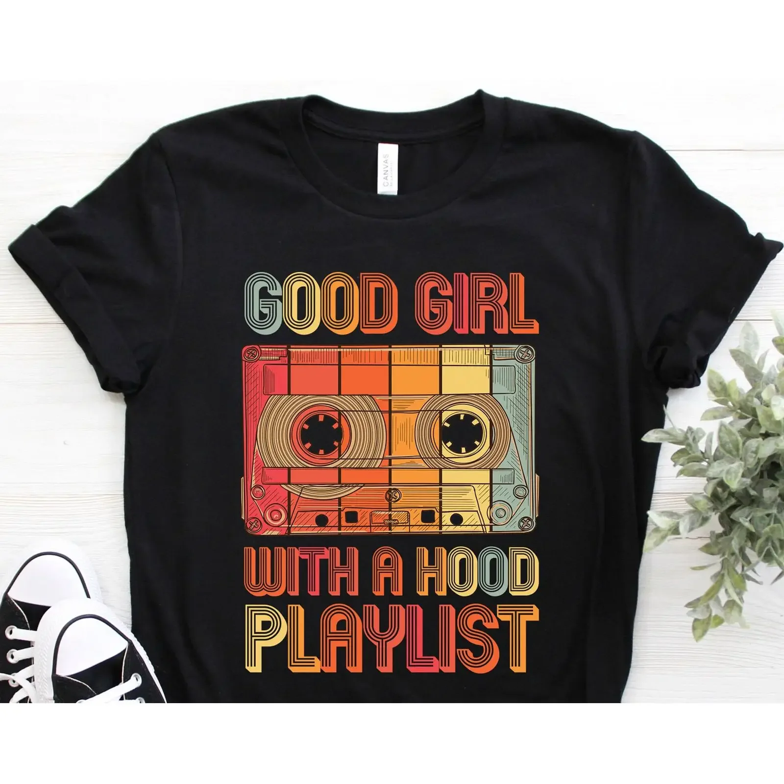 Good Girl With A Hood Playlist Retro Cassette T Shirt 90s Vintage Music 80s Hip Hop Vibe Party Costume vintage Washed Stylish