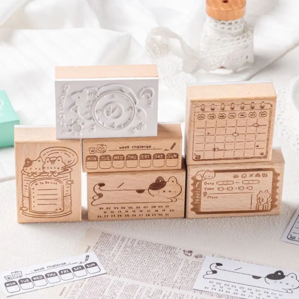High Quality Wood Assorted Stamp Cat Pattern DIY Scrapbook Cat Schedule Seal Memorandum Sight Box Series Decorative Stamps view 3
