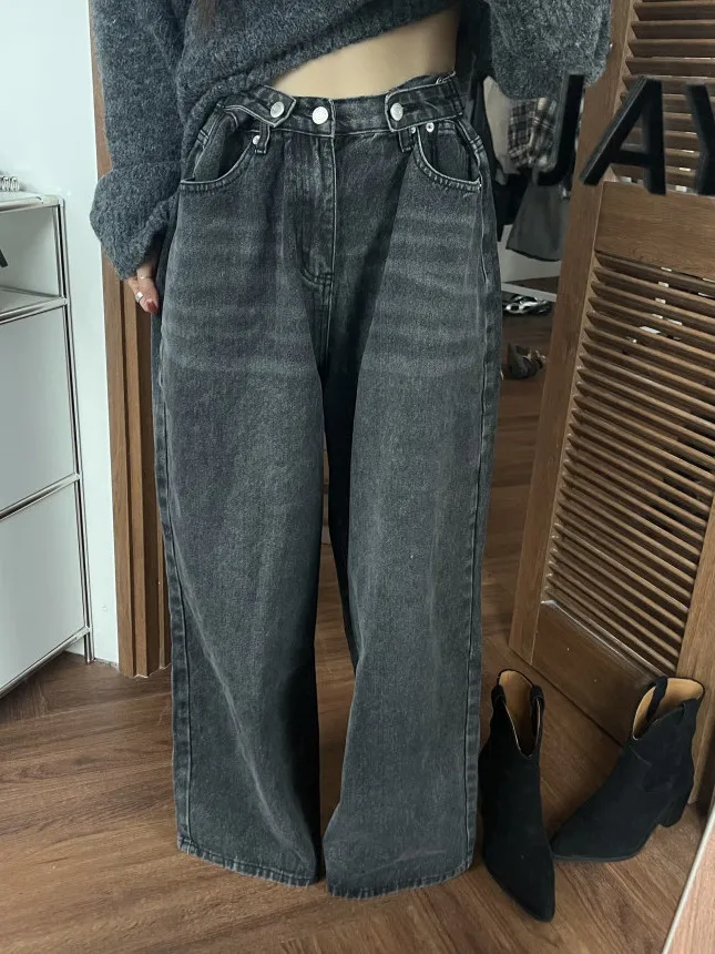 

Retro Distred High Waist Women's Jeans Cool Spicy Street Sle Adjustable Button Straight Leg Floor-Length Pants