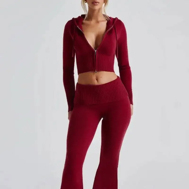 Fashion Women Ribbed Knit 2 Piece Outfits Long Sleeve Zipper-Up Slim Fit Hooded Crop Top Elastic Long Pants Set Y2K Tracksuits