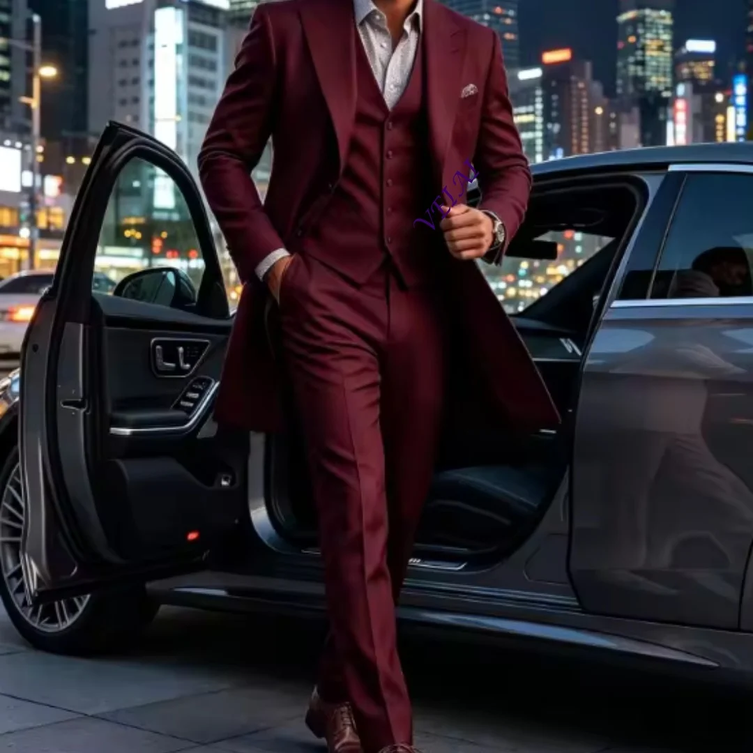 CustomizedThree Pieces Long Suit for Men Wedding Groom Tuxedo Long Blazer Coat with Vest Bespoke Tailored Formal Suit Set