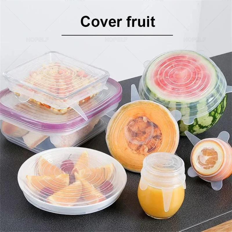 6 pcs Silicone Stretch tampas reutilizáveis hermético Fruit Food Wrap coberturas mantendo fresco Seal Bowl Stretchy Wrap Preservation Cover