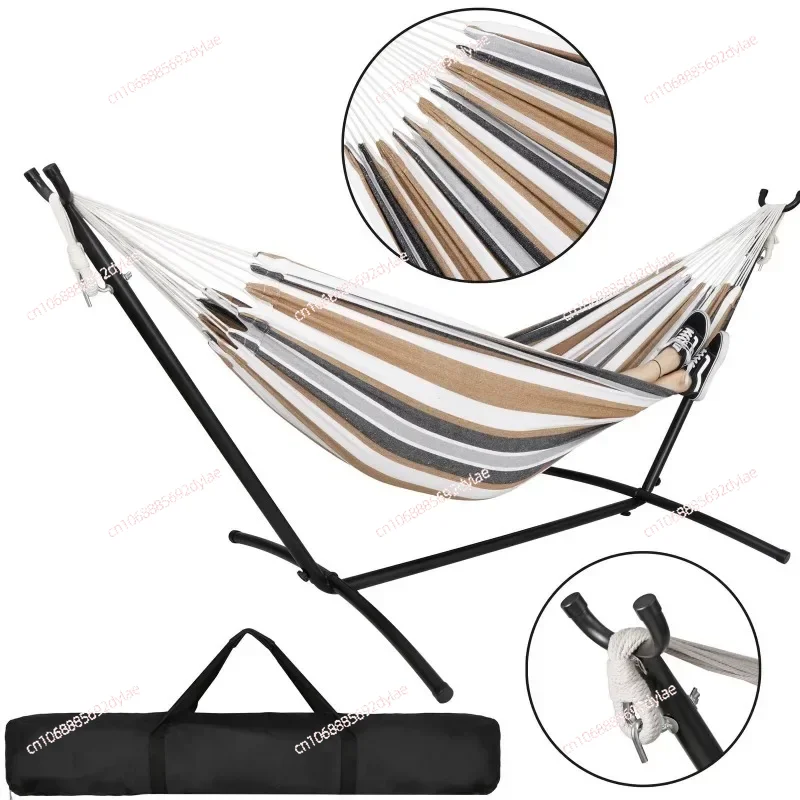 Cotton Hammock with Space Saving Steel Frame Garden Courtyard Outdoor 450 Pound Capacity, Desert Stripe