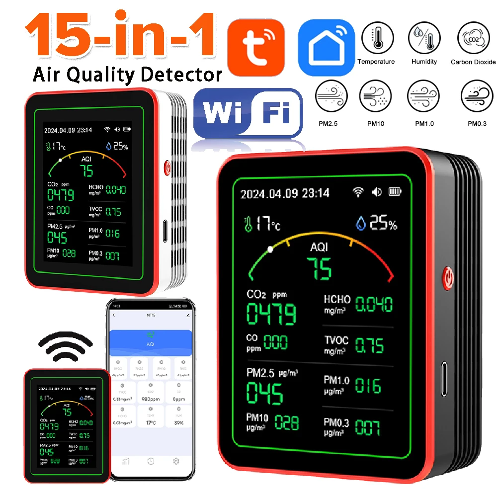 Tuya 15 in 1 Air Quality Detector WIFI Rechargeable Household Tester CO2/CO/TVOC/HCHO/PM2.5/PM1.0/PM10/Temp/Humi APP Control