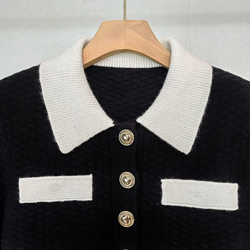 Black and White Cardigan, Contrasting Color, Lapel, Versatile Temperament, Short Knitted Jacket,star Style,early Spring New Item