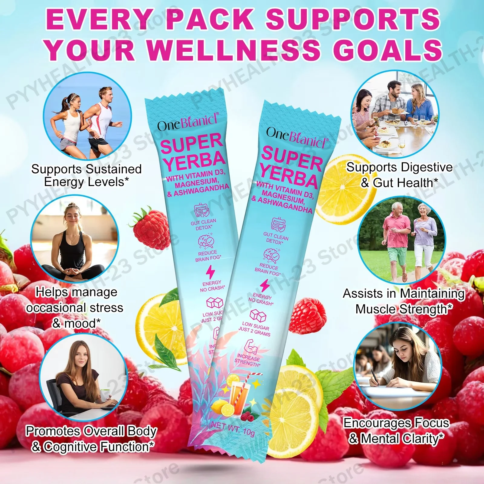 OneBlanicl Super Yerba Powder Reduce Stress Promote Digestion Resist Fatigue with Vitamin D3 and Magnesium Low Sugar 30 Packets