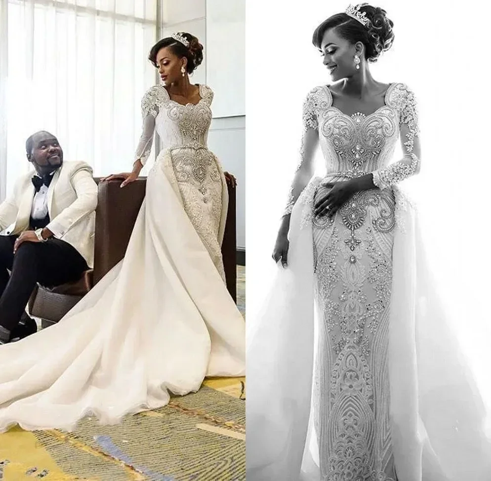 

Customized Luxury Dubai Arabic Mermaid Wedding Dresses With Long Train Long Sleeves Beads Pearls Bridal Gowns Wedding Dress Vest